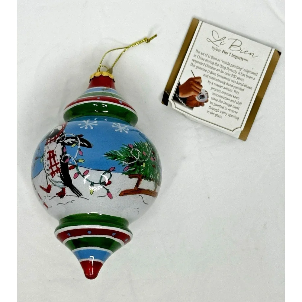 Pier 1 Le Bien Glass Ornament Reverse hand Painted Penguin Tree 2017 Teardrop